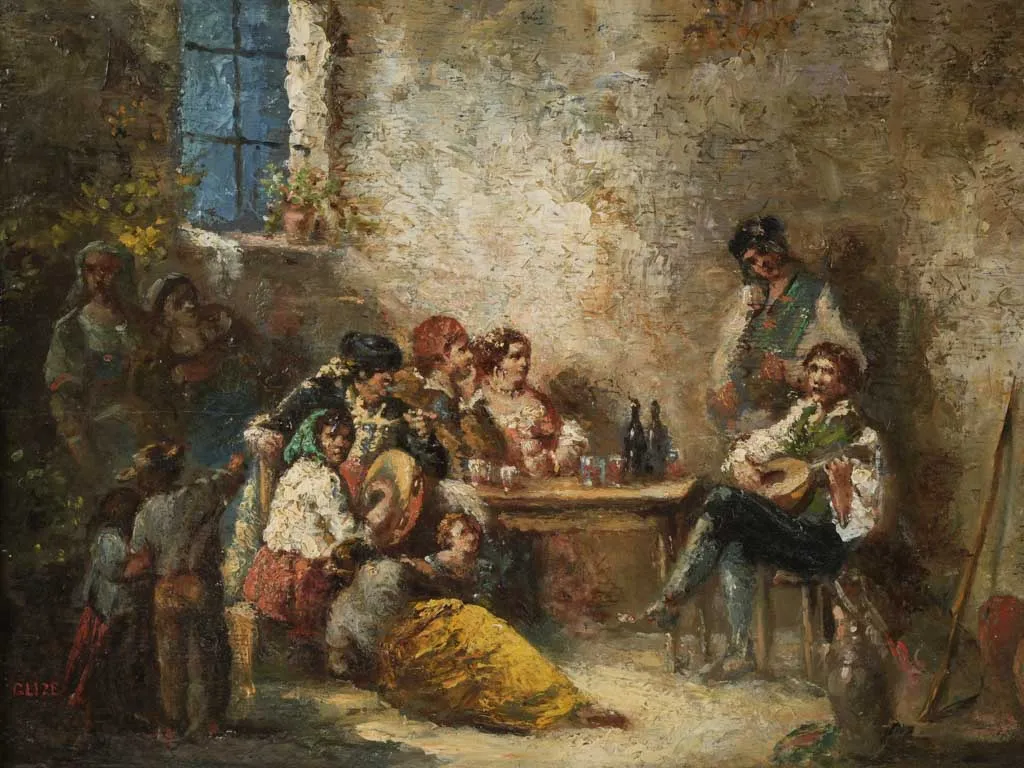 19th century tavern interior w/ mandolin player - 17¾" x 21¼"