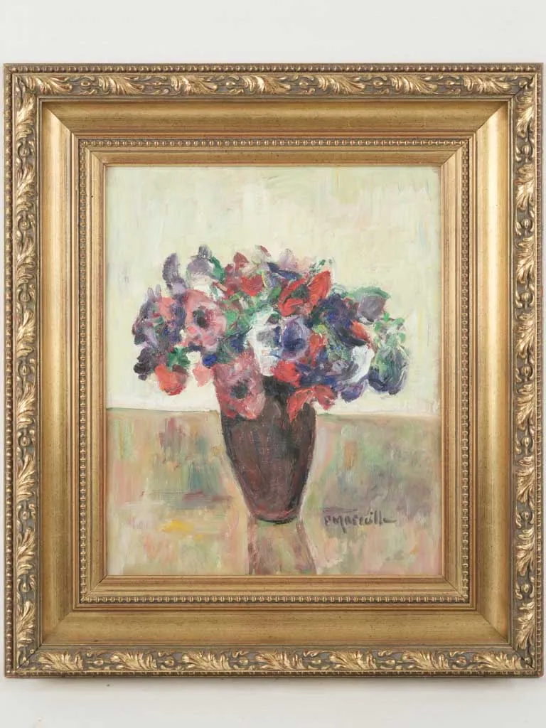 20th-century still life painting of colorful poppies in a vase by Pierre Marseille 27¼" x 23¼"