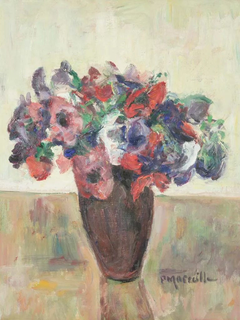 20th-century still life painting of colorful poppies in a vase by Pierre Marseille 27¼" x 23¼"