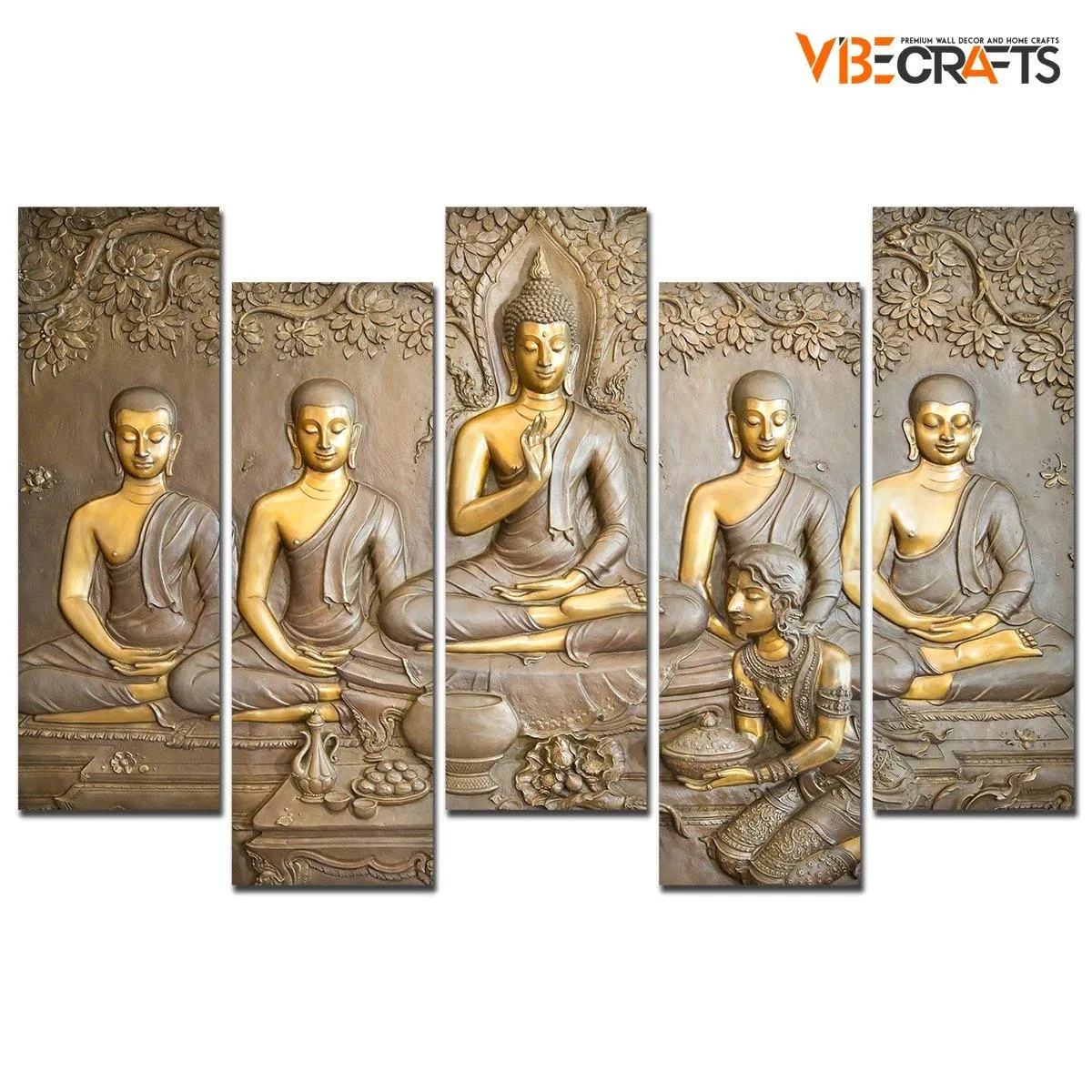 A Beautiful 5 Pieces Wall Painting of Lord Buddha in Temple