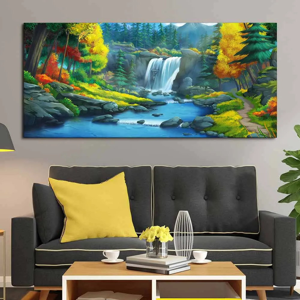 A Beautiful Waterfall In Forest Premium Wall Painting