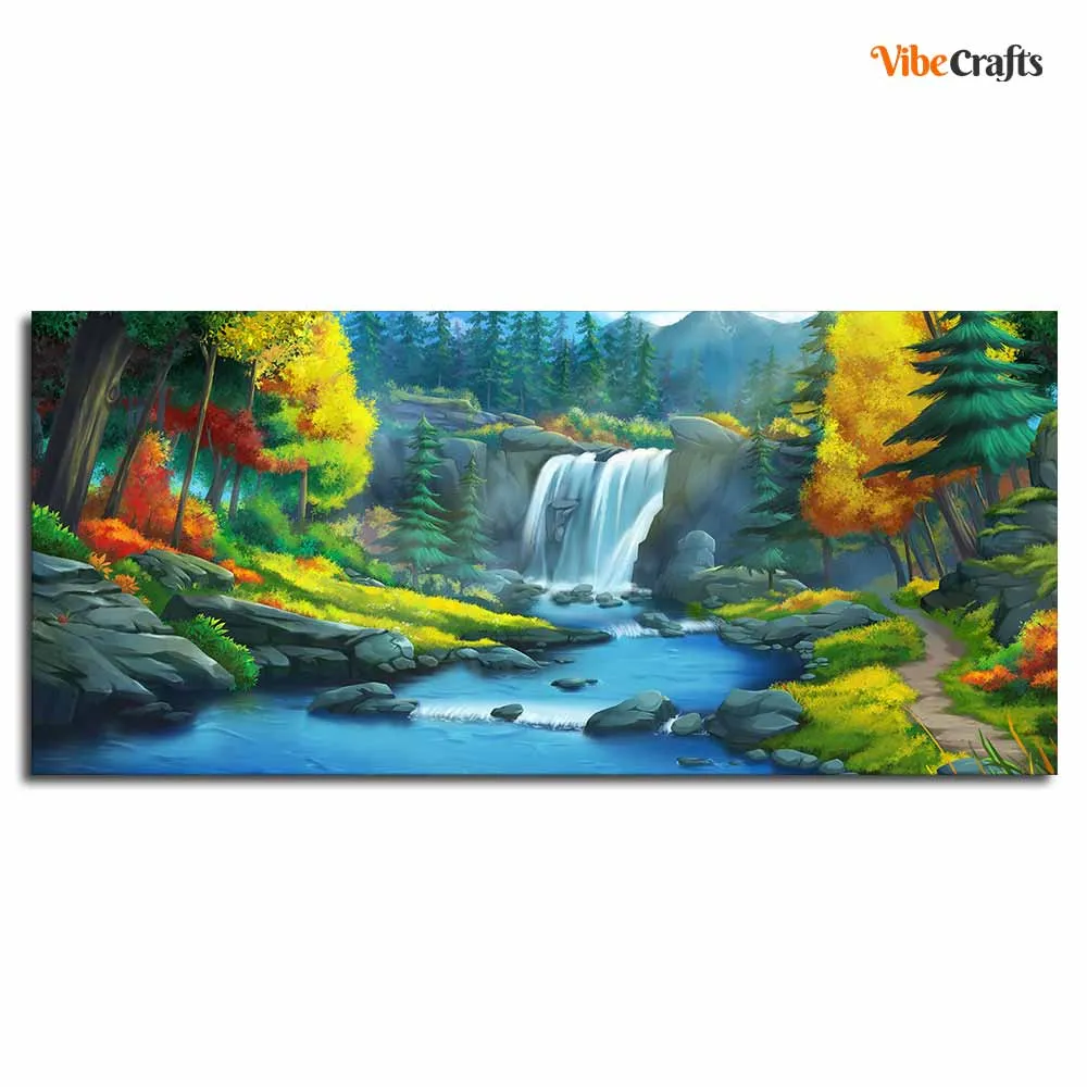 A Beautiful Waterfall In Forest Premium Wall Painting