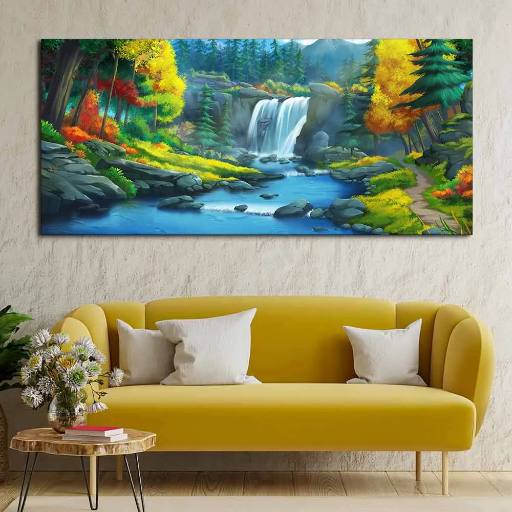 A Beautiful Waterfall In Forest Premium Wall Painting