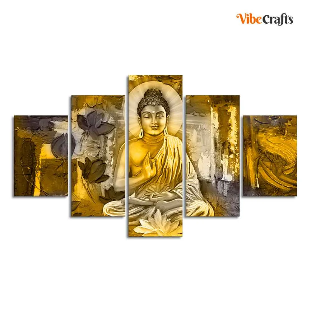 Abstract Art Meditating Lord Buddha Wall Painting Five Pieces