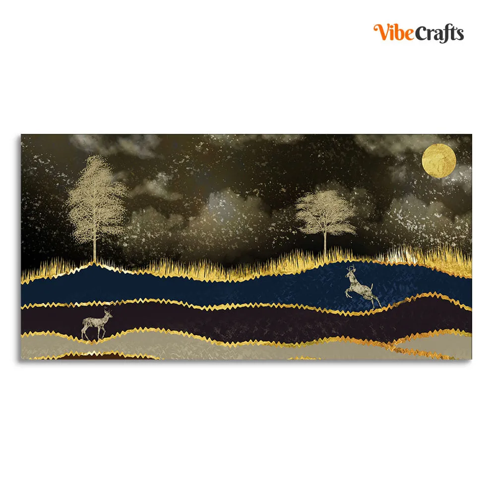 Abstract Midnight Golden Scenery with Deer Canvas Wall Painting