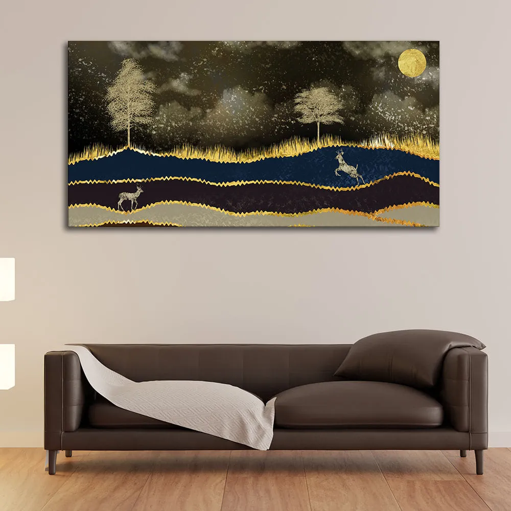 Abstract Midnight Golden Scenery with Deer Canvas Wall Painting