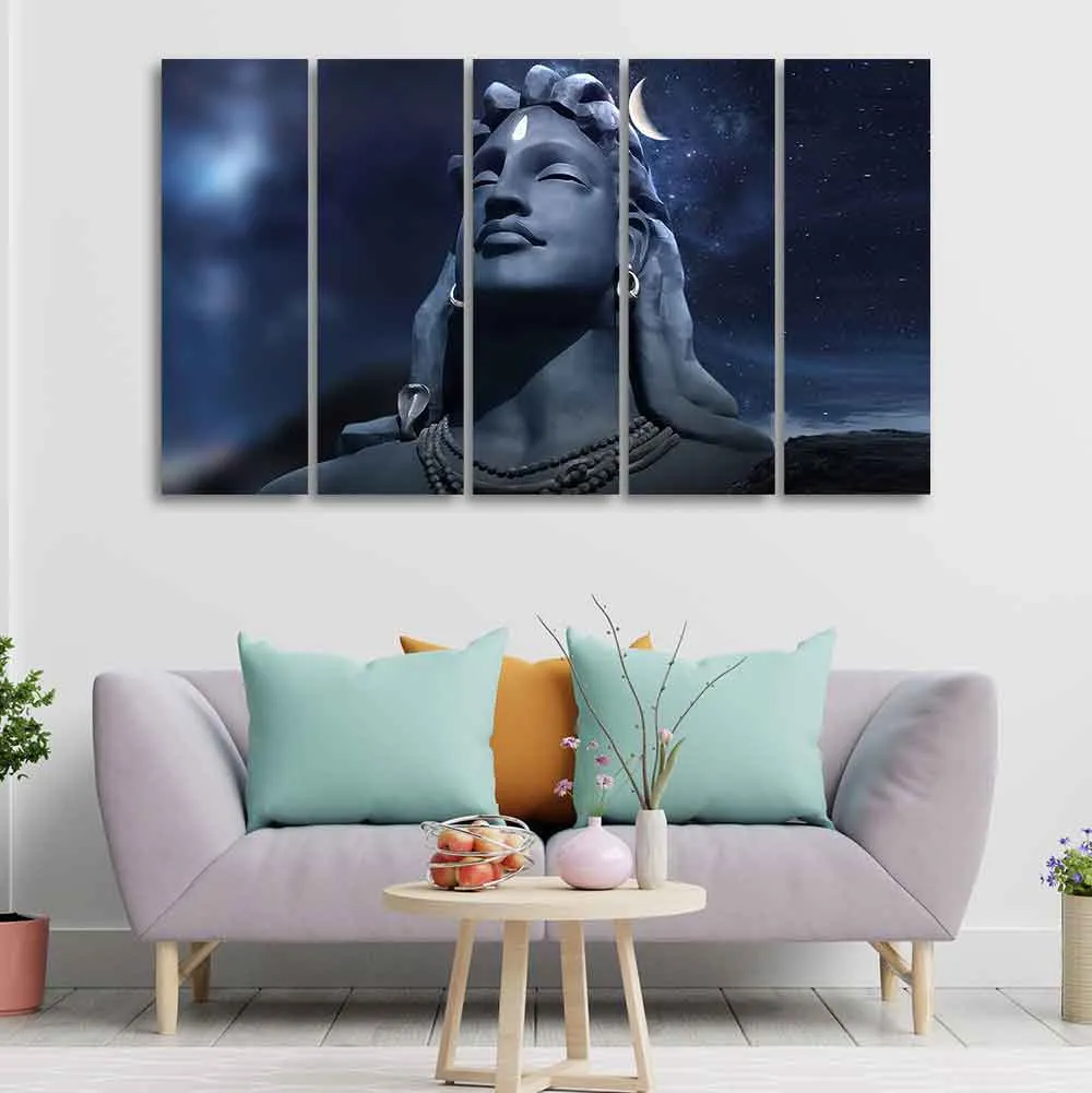 Adiyogi Shiva Statue Canvas Wall Painting of Five Pieces