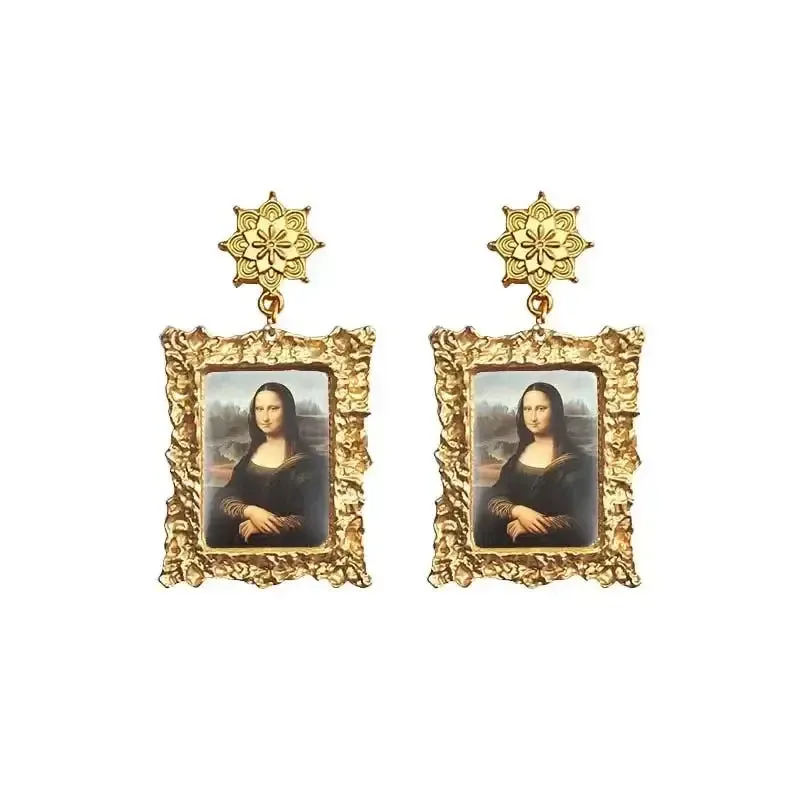 Antique Plated World Paintings Drop Earring