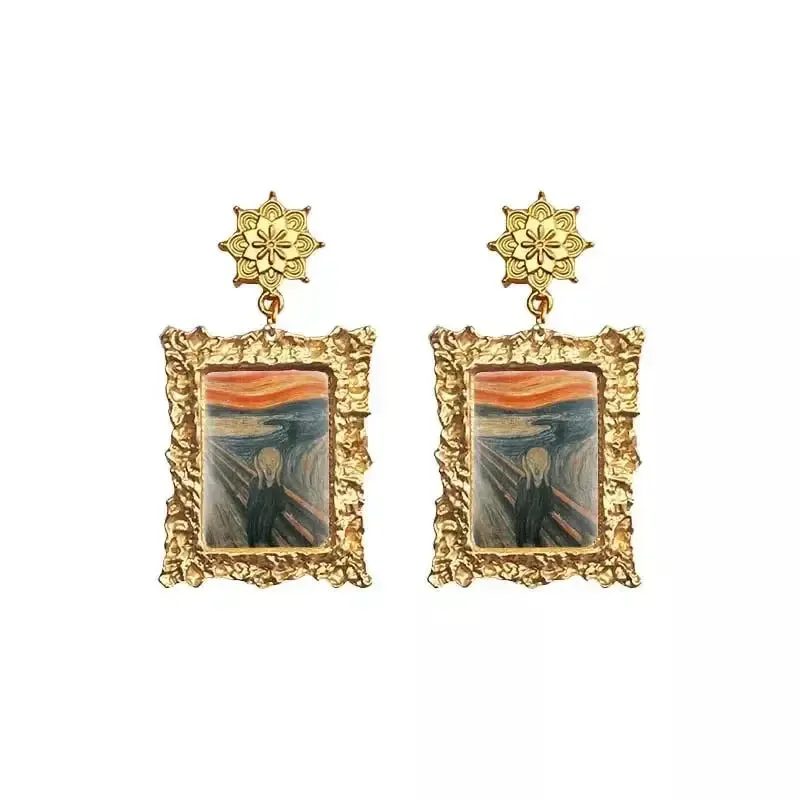 Antique Plated World Paintings Drop Earring