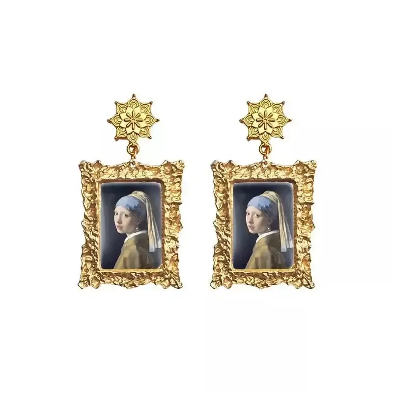 Antique Plated World Paintings Drop Earring