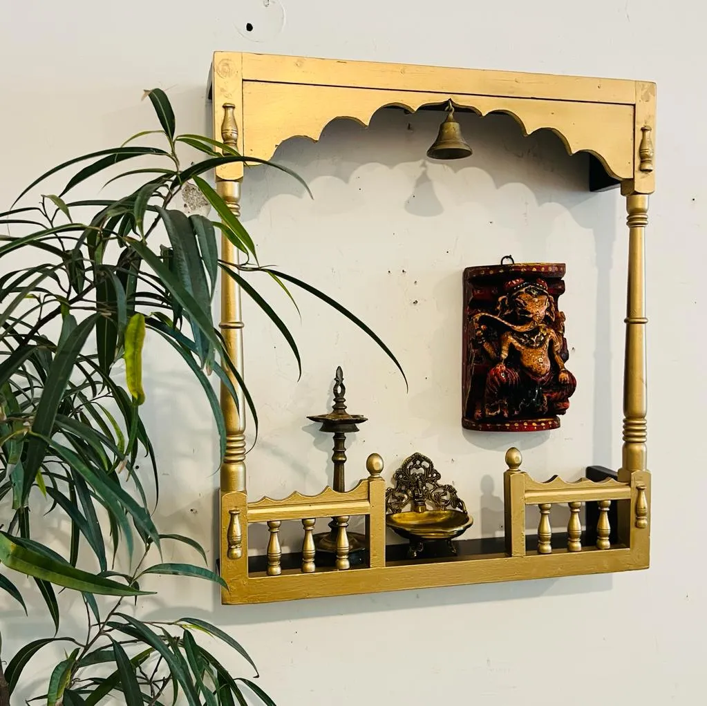 Aqsa : Delicate ,Golden Wooden Jharokha  with Scalloped Panel and a Shelf (2 feet  )