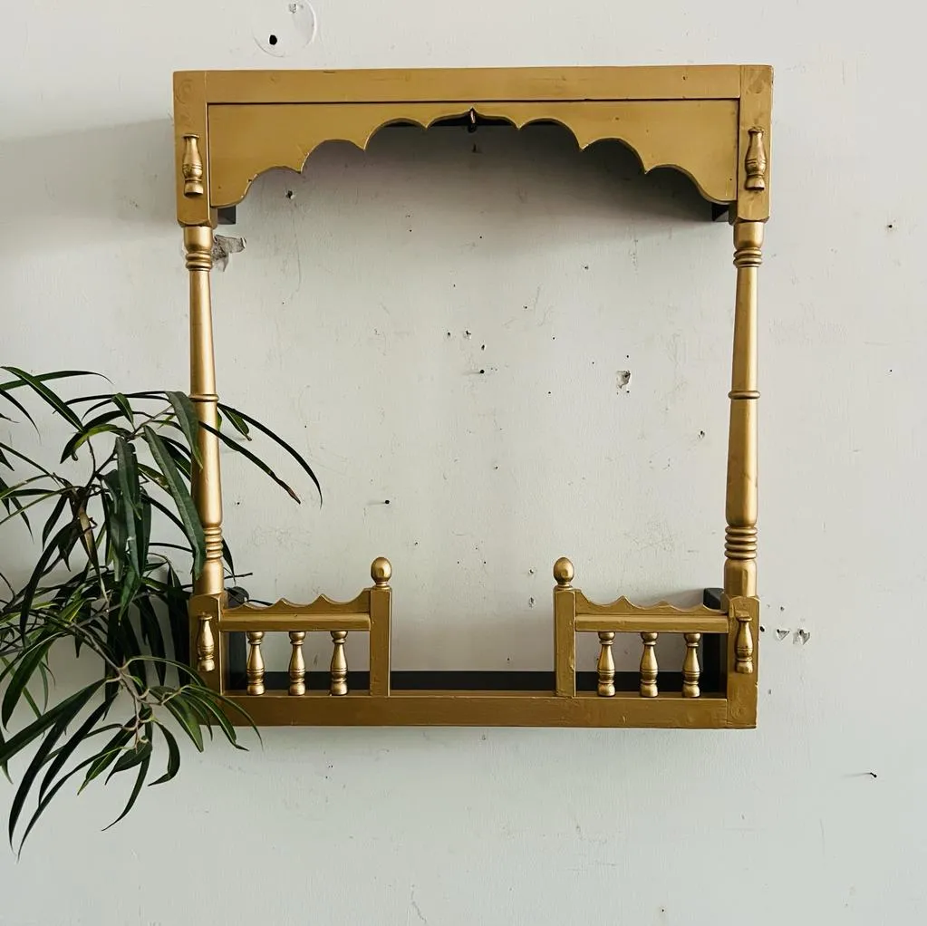 Aqsa : Delicate ,Golden Wooden Jharokha  with Scalloped Panel and a Shelf (2 feet  )