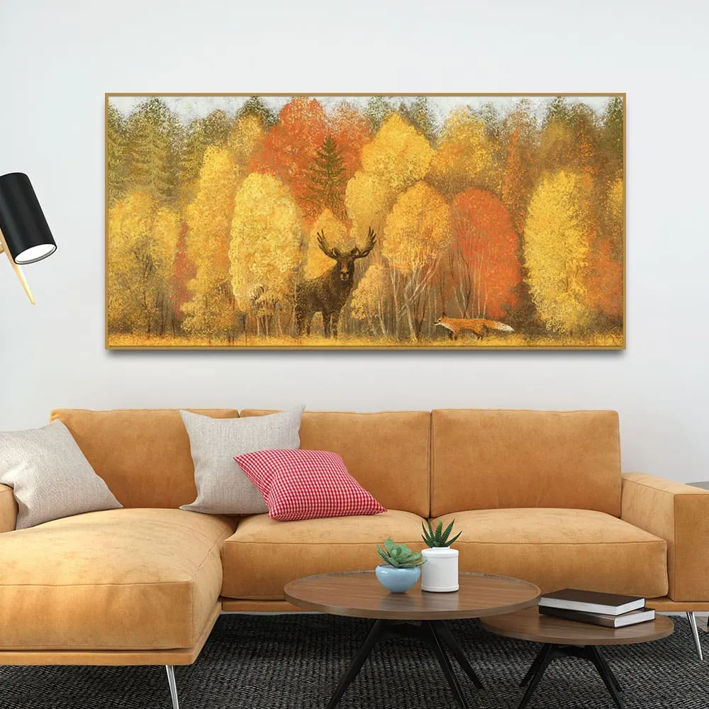 Autumn Foliage with Moose and Fox Premium Canvas Wall Painting