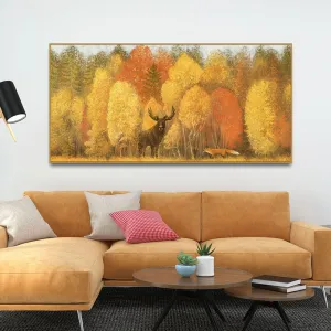 Autumn Foliage with Moose and Fox Premium Canvas Wall Painting