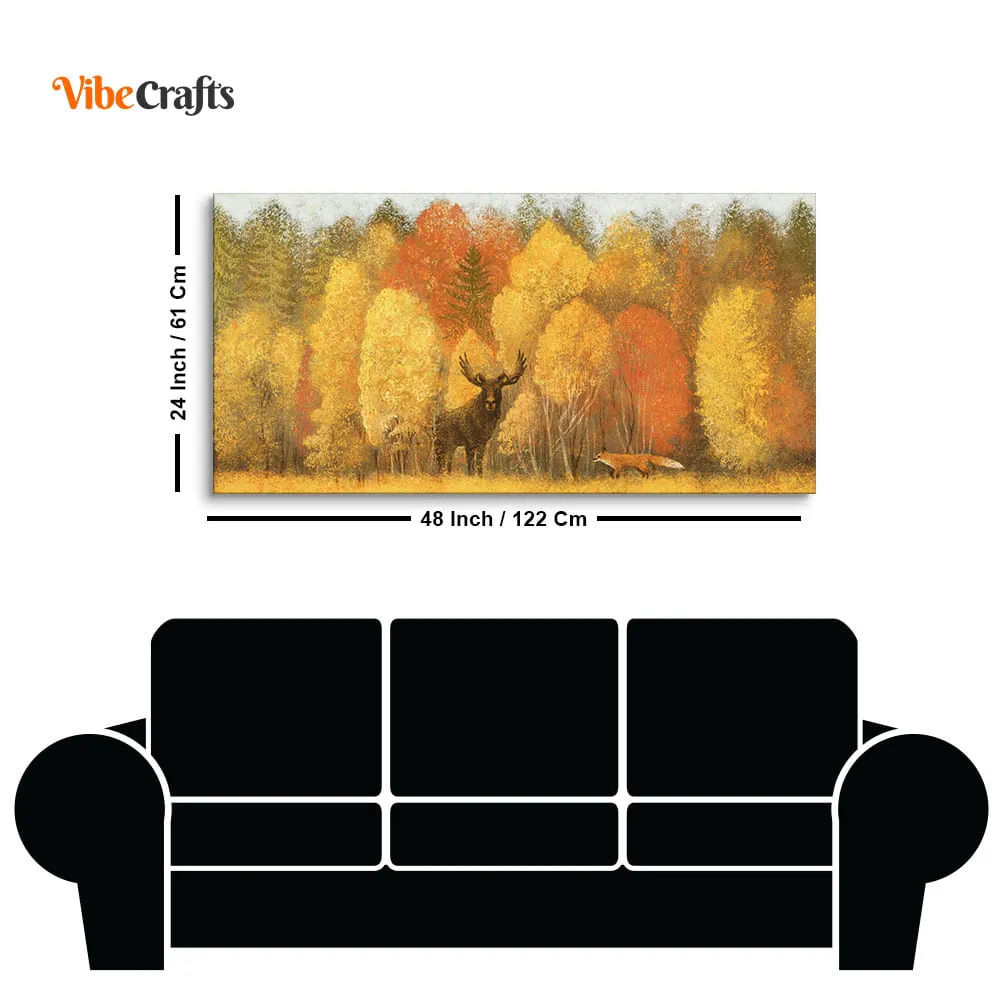 Autumn Foliage with Moose and Fox Premium Canvas Wall Painting