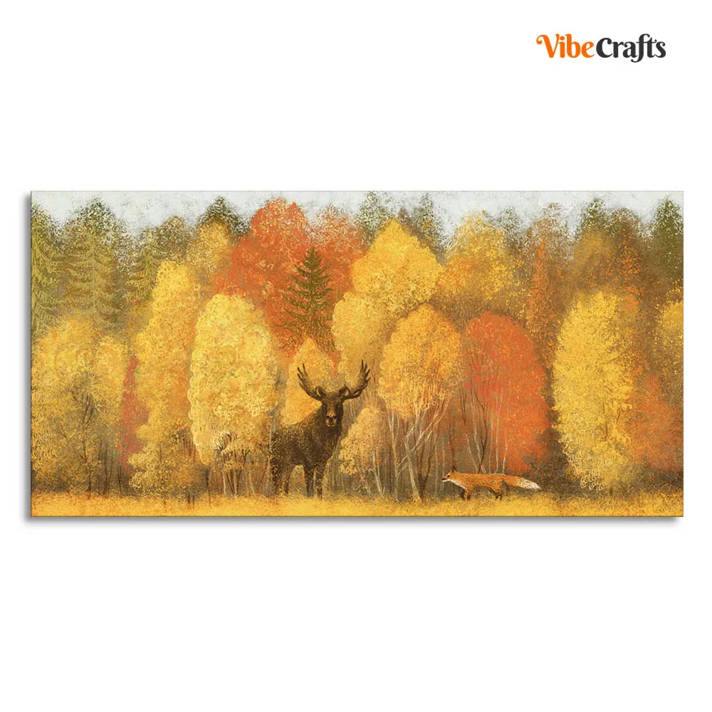 Autumn Foliage with Moose and Fox Premium Canvas Wall Painting