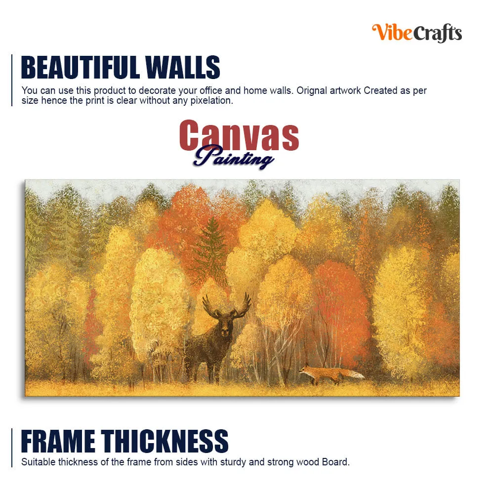 Autumn Foliage with Moose and Fox Premium Canvas Wall Painting