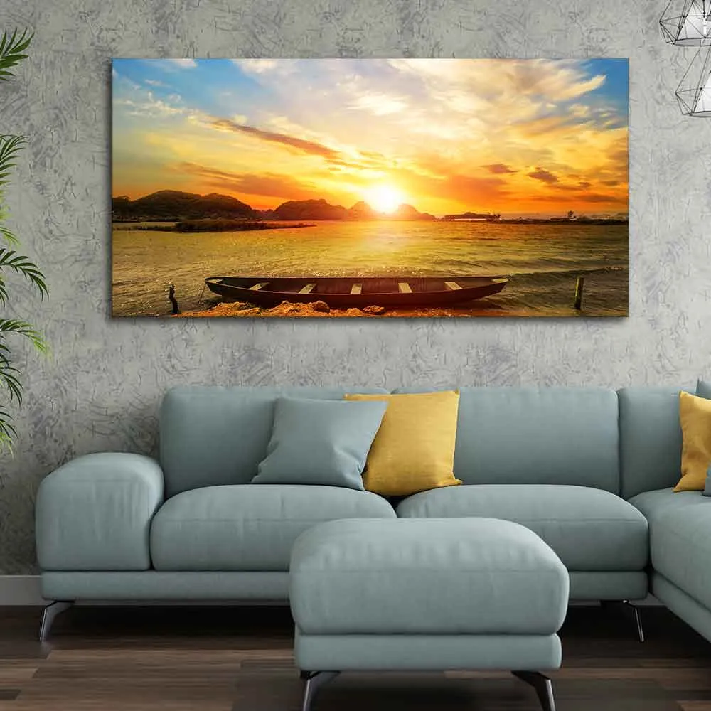 Beautiful Canvas Wall Painting of Boat on Beach & Sunset