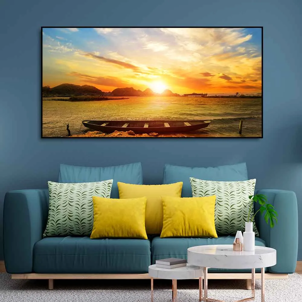 Beautiful Canvas Wall Painting of Boat on Beach & Sunset