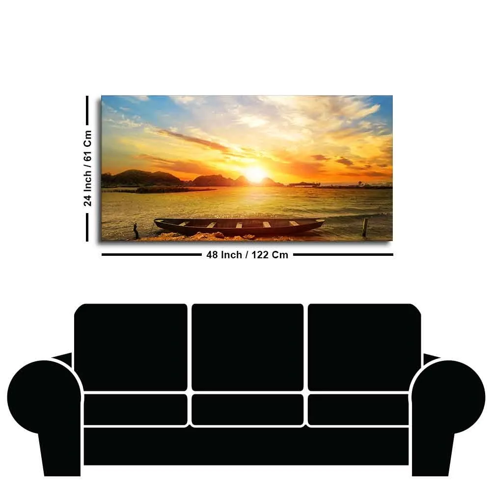 Beautiful Canvas Wall Painting of Boat on Beach & Sunset