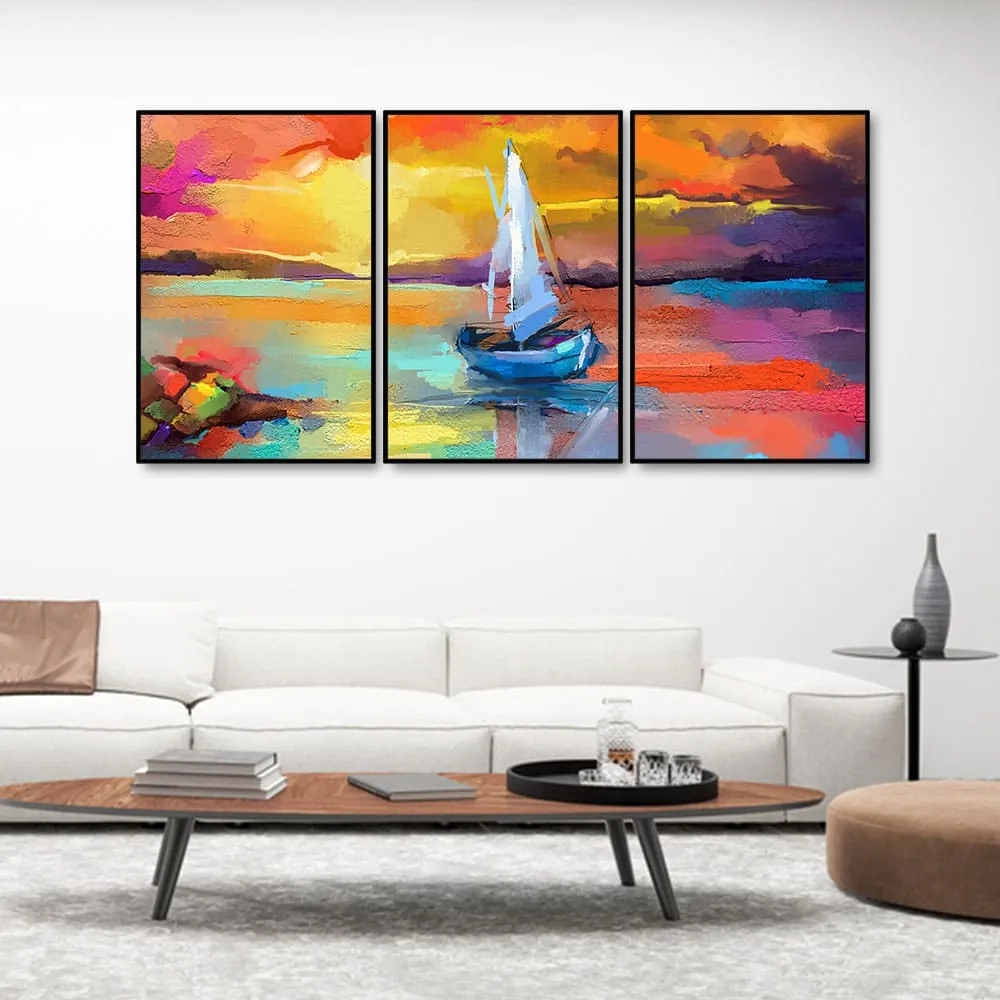 Beautiful Colorful Sea with Ship Premium Floating Wall Painting Set of Three