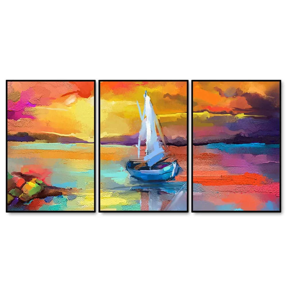 Beautiful Colorful Sea with Ship Premium Floating Wall Painting Set of Three