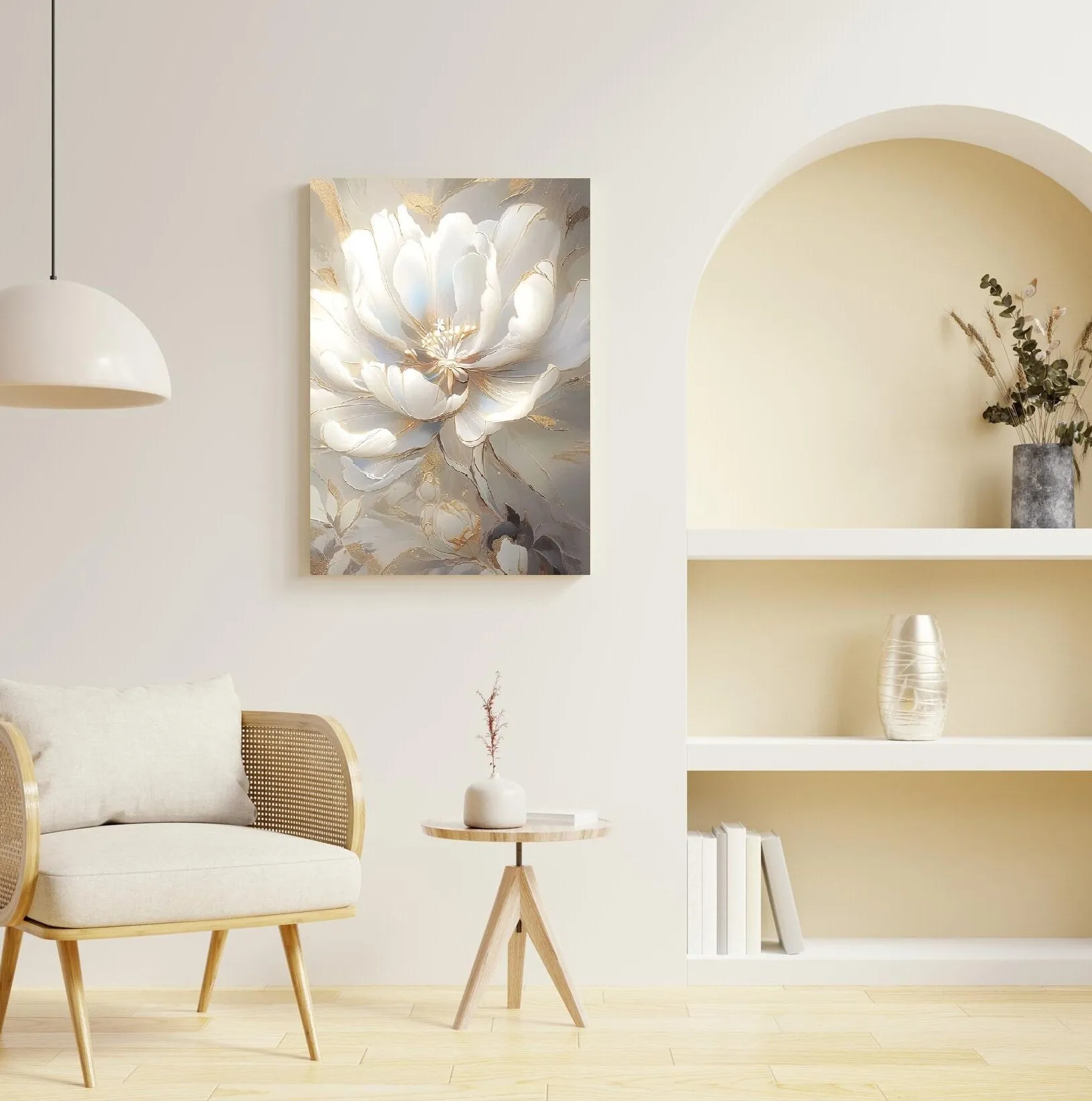 Big flower wall art, large floral canvas print, white wildflower artwork, floating frame oil painting wall art, botanical bedroom artwork