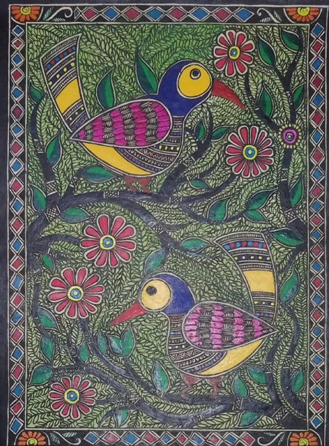 Birds in Nature Madhubani Painting by Ambika Devi