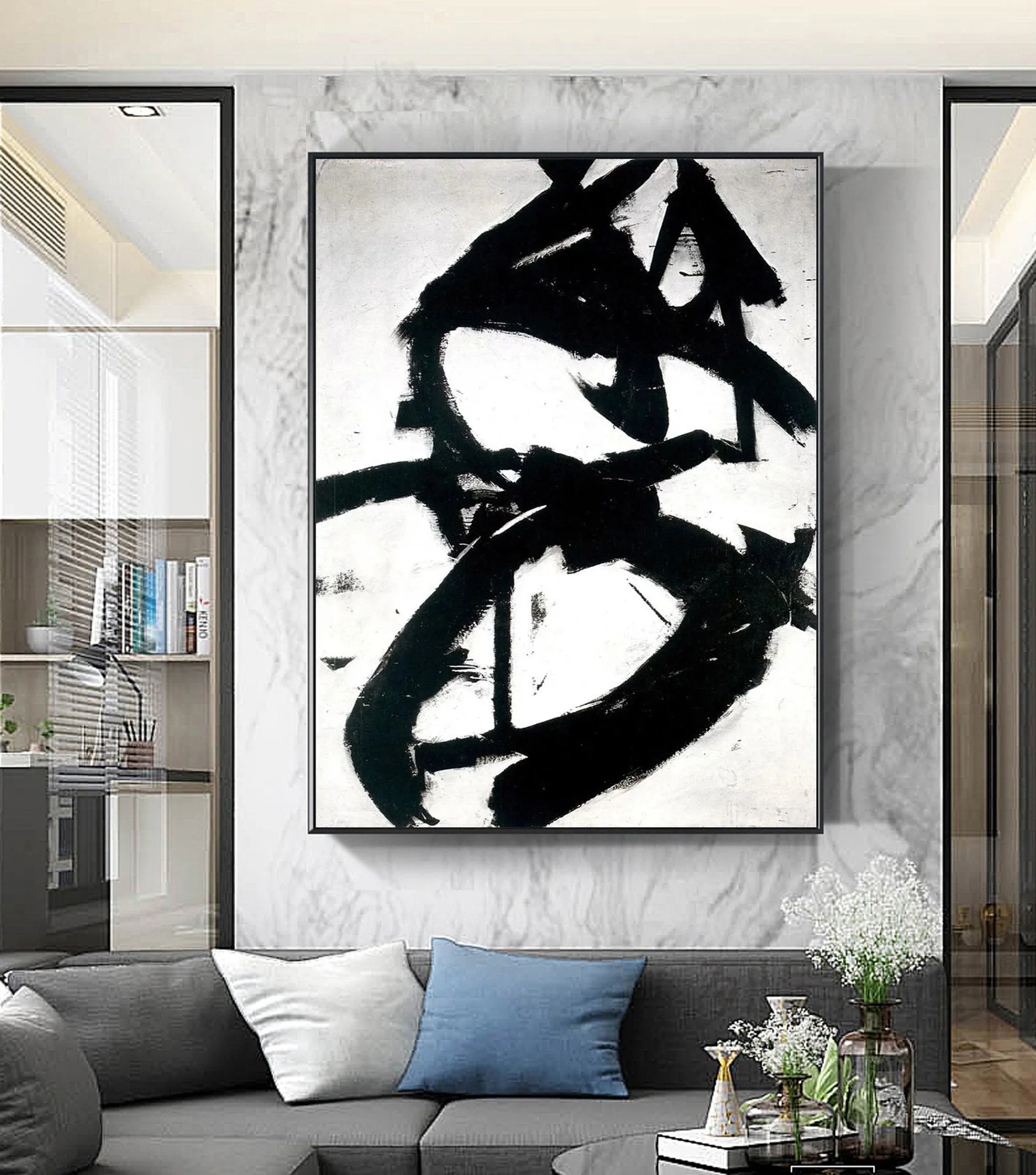 Black and White Abstract Canvas Art Minimalist Painting Op019