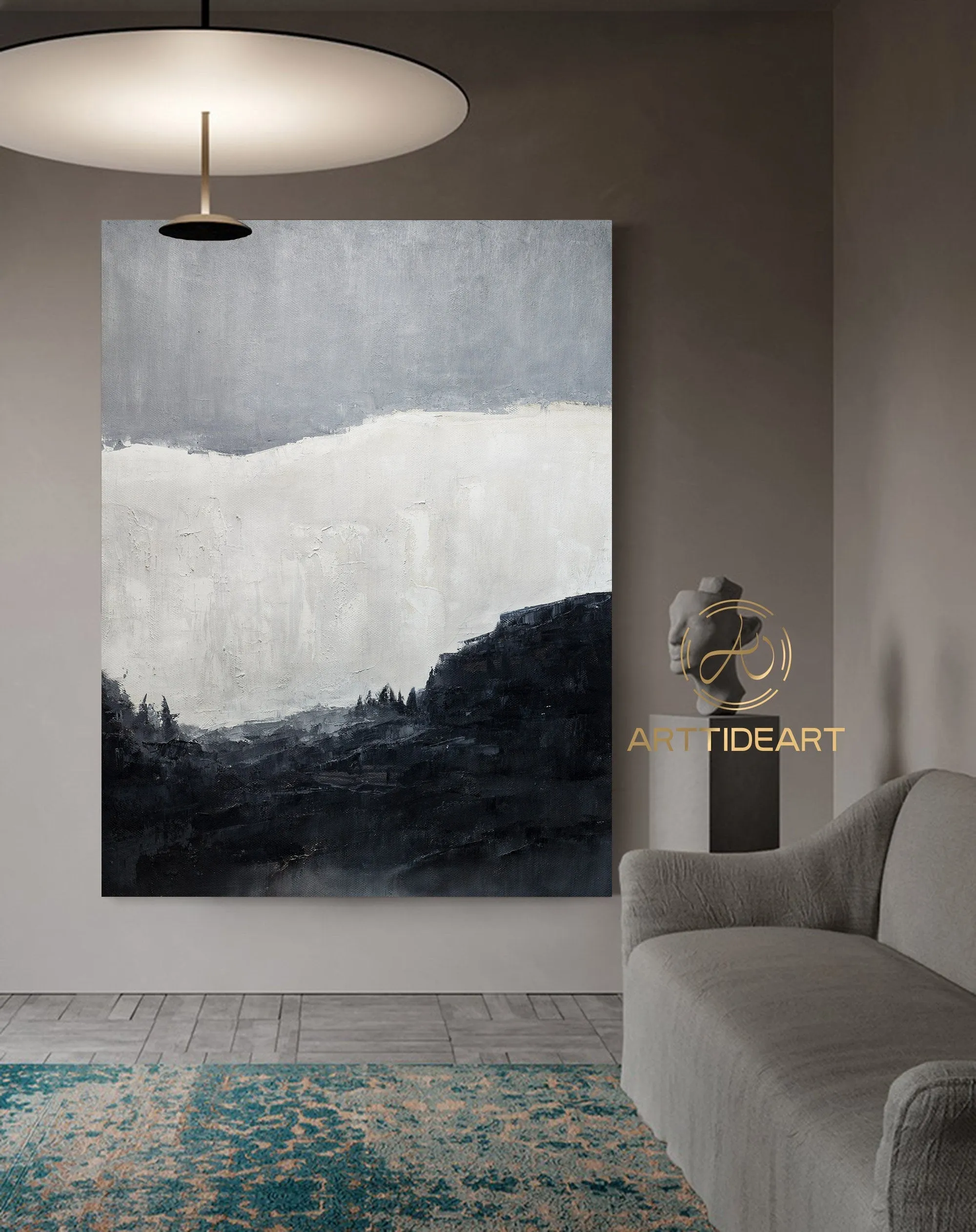 Black And White Minimalist Canvas Art Grey Abstract Painting Ap024