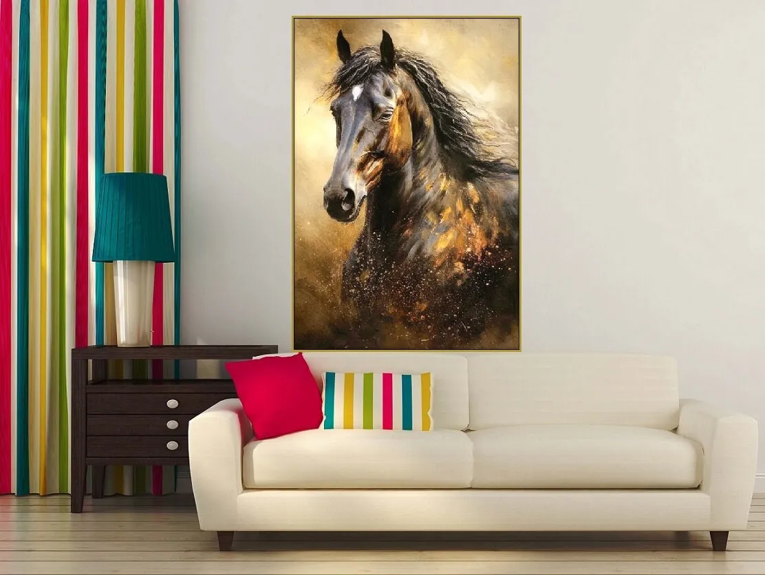 Black horse artwork in floater frame, large animals canvas print, framed dark hanging wall decor, brown black living room wall art