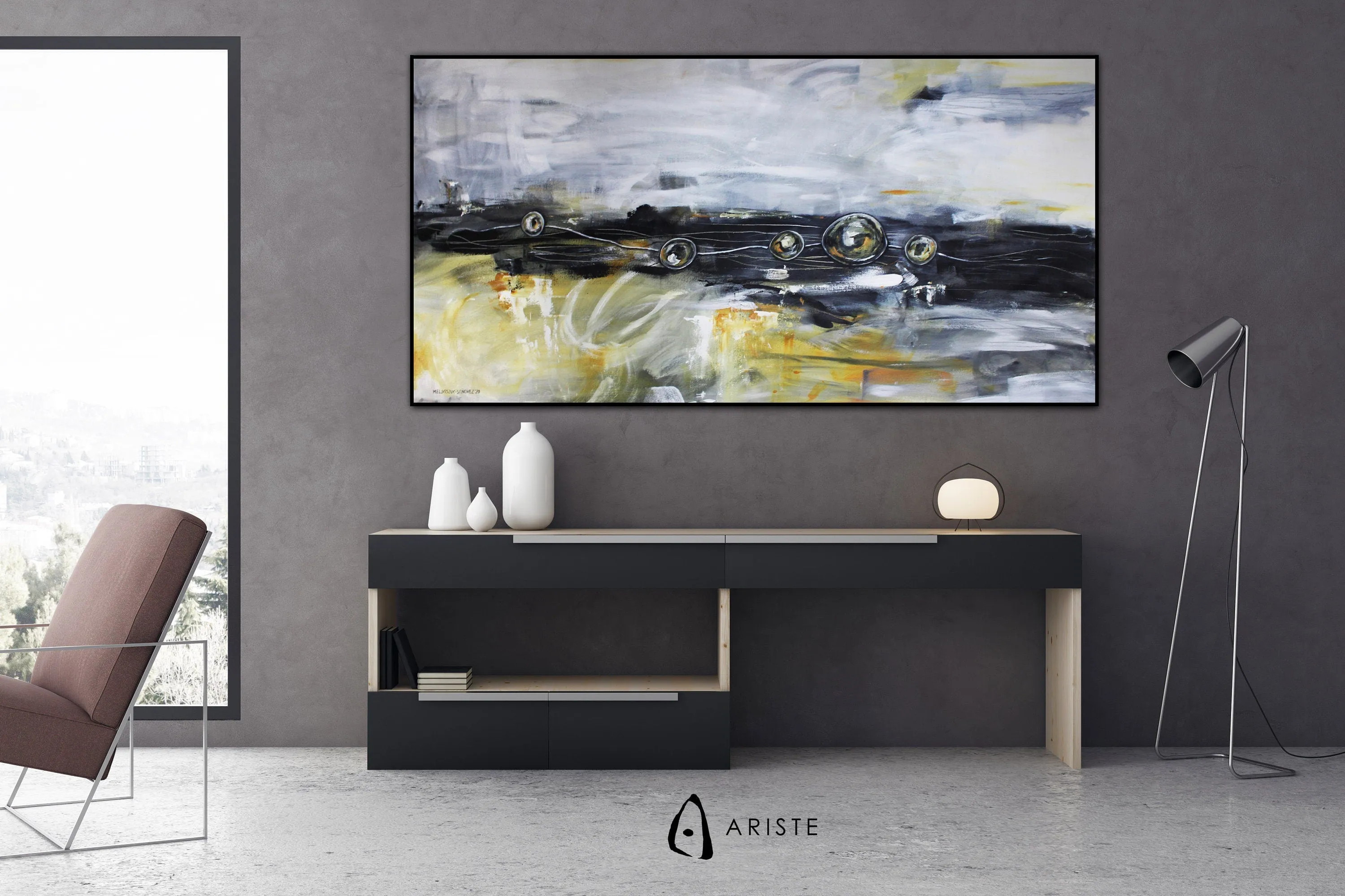 Black, white & yellow abstract oversized wall art made to order in a custom size