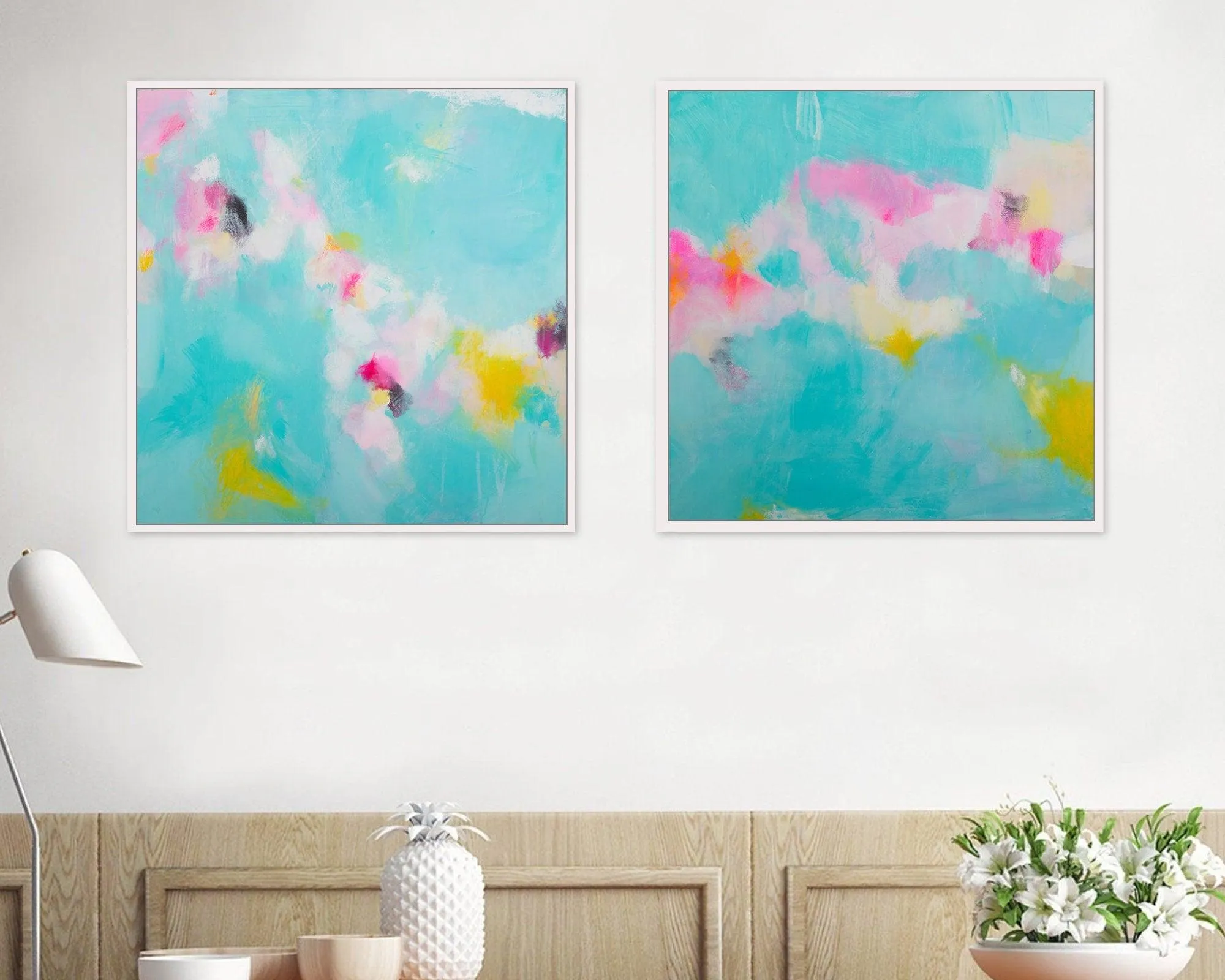 Blue Teal Original wall art set original abstract paintings, living room wall decor set