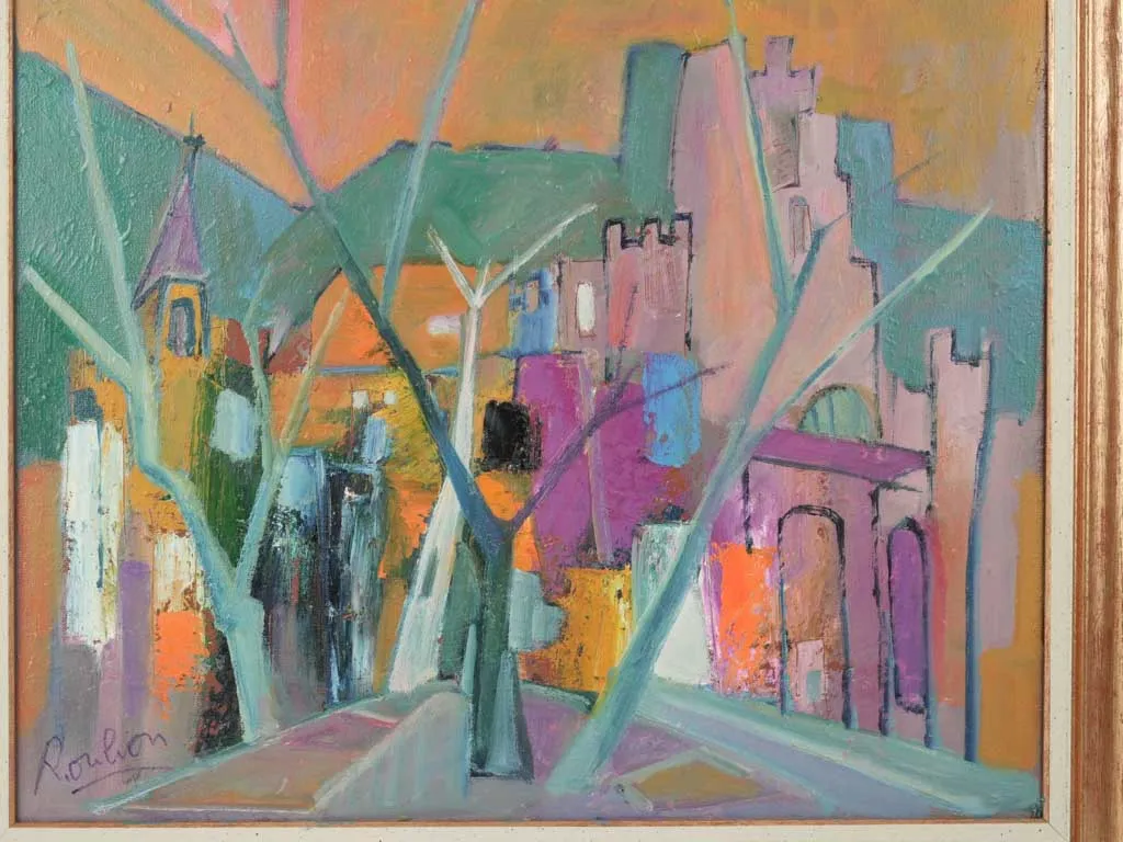 Colorful Mid-Century painting of French village by Roger Oulion 22" x 24½"