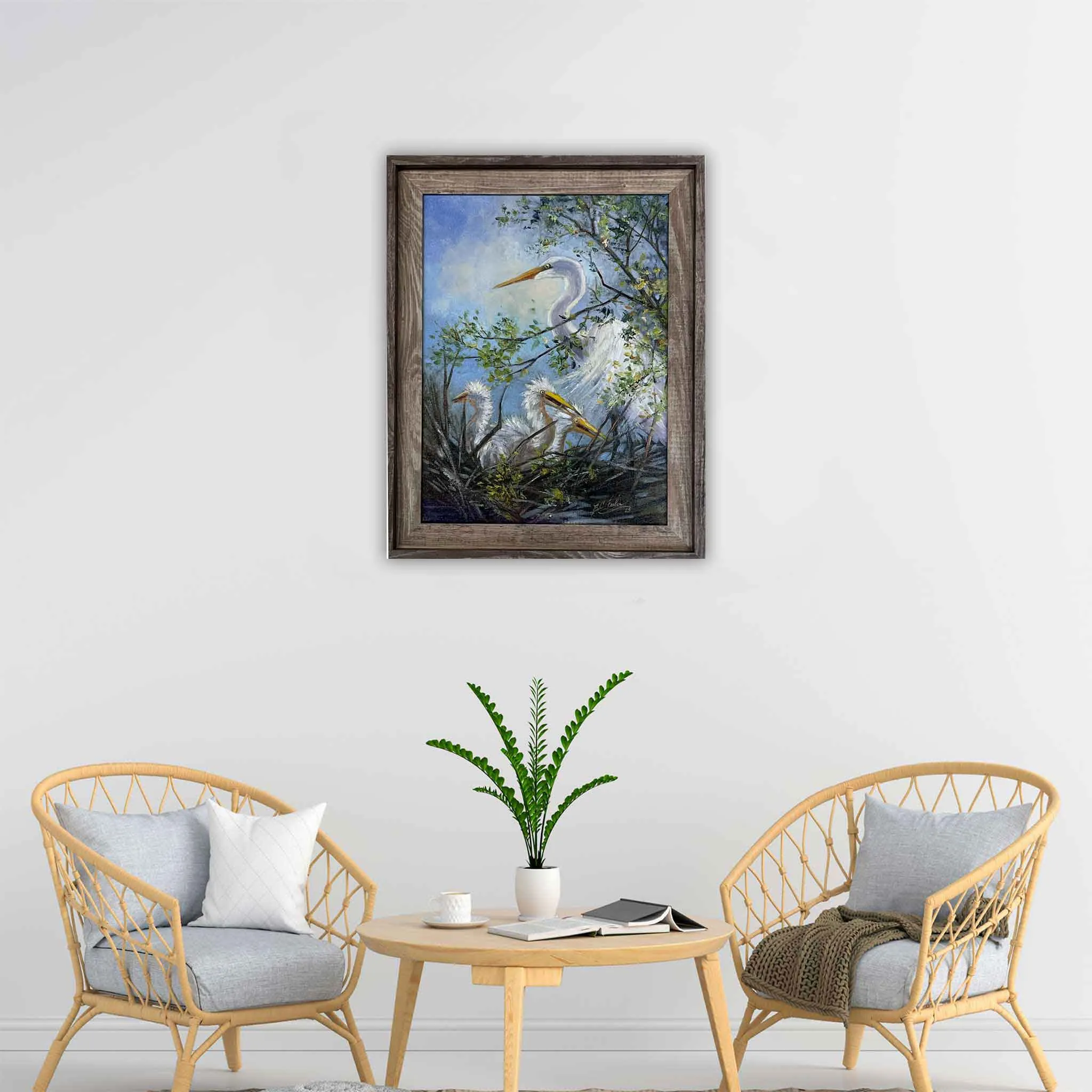 ECF Egret Nest Framed Original Oil Painting