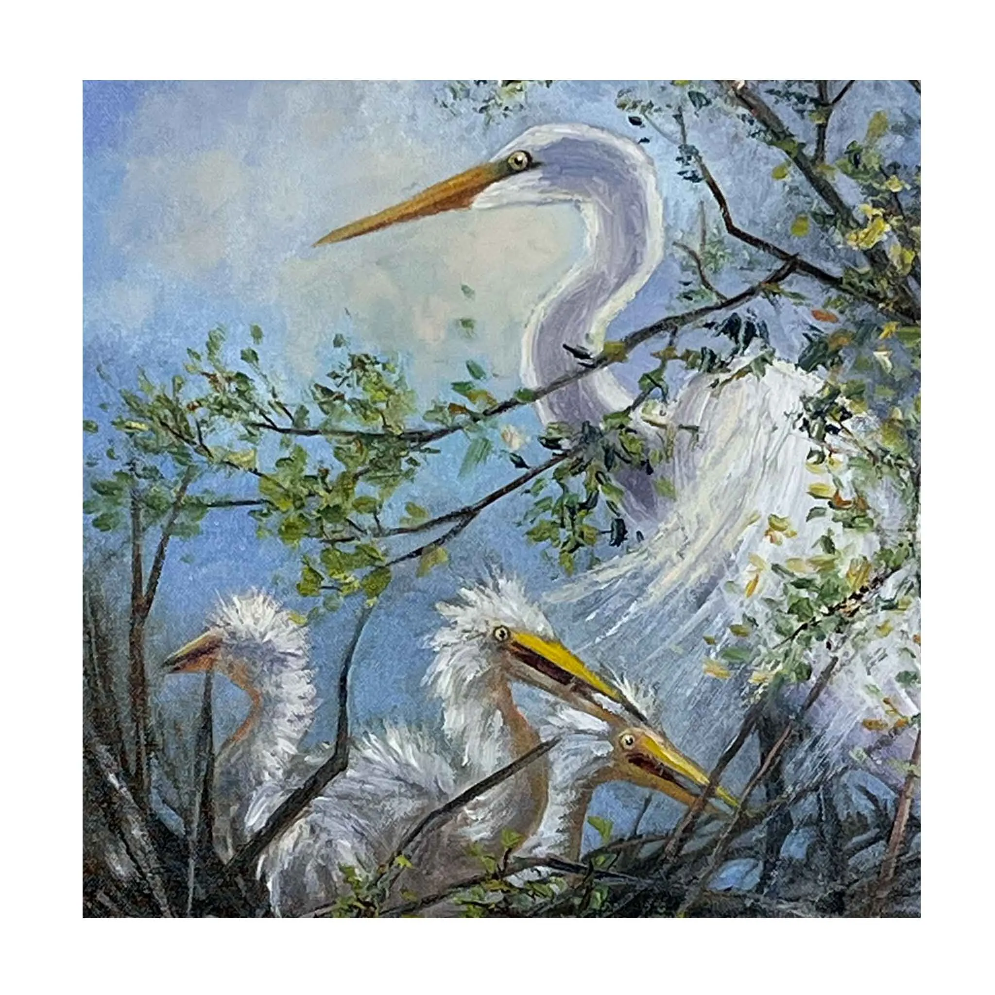 ECF Egret Nest Framed Original Oil Painting