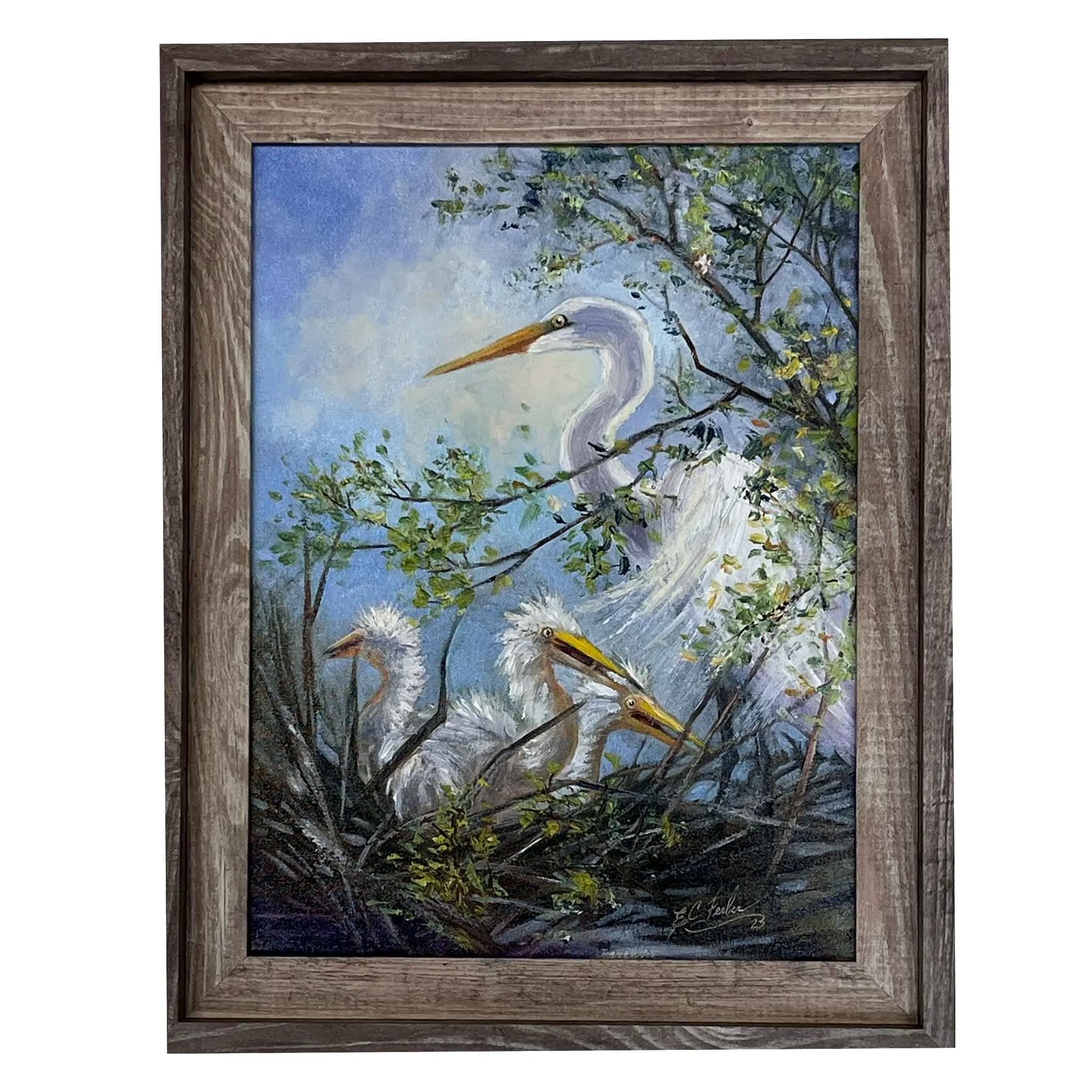 ECF Egret Nest Framed Original Oil Painting