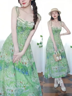 Green Van Gog Oil Painting Summer Dress