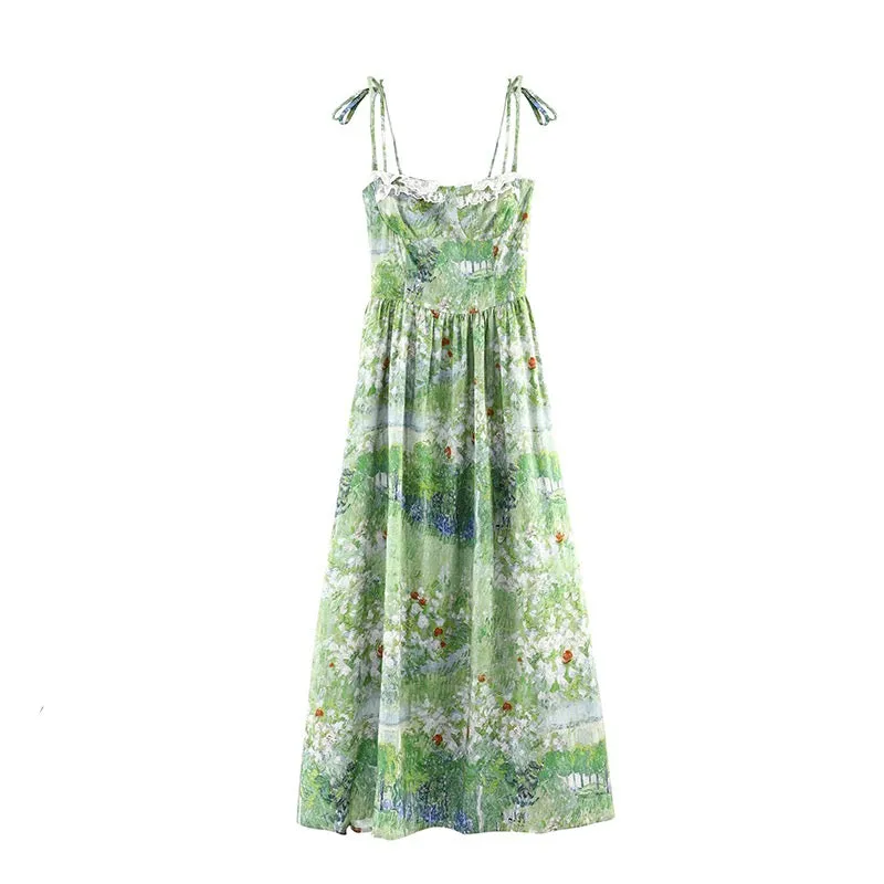 Green Van Gog Oil Painting Summer Dress