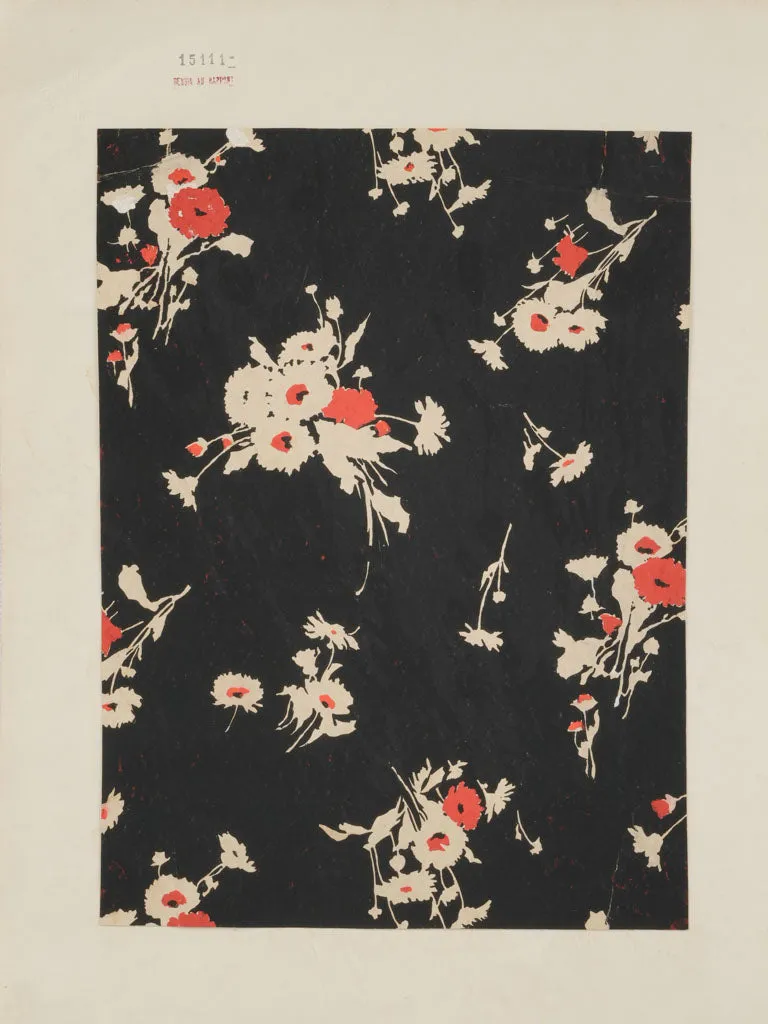 Handpainted Fabric Design by Arthur Litt - black white & red carnations