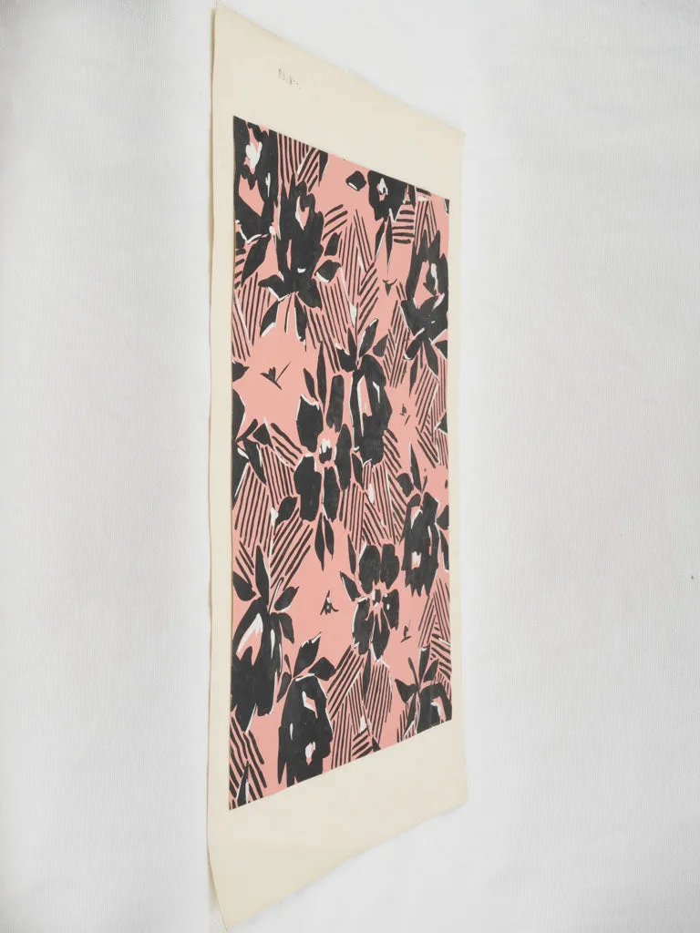 Handpainted Fabric Design by Arthur Litt - rosy pink w/ black flowers