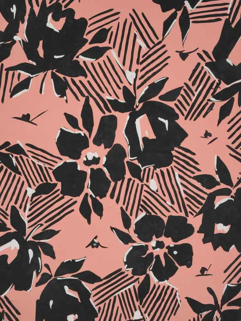 Handpainted Fabric Design by Arthur Litt - rosy pink w/ black flowers