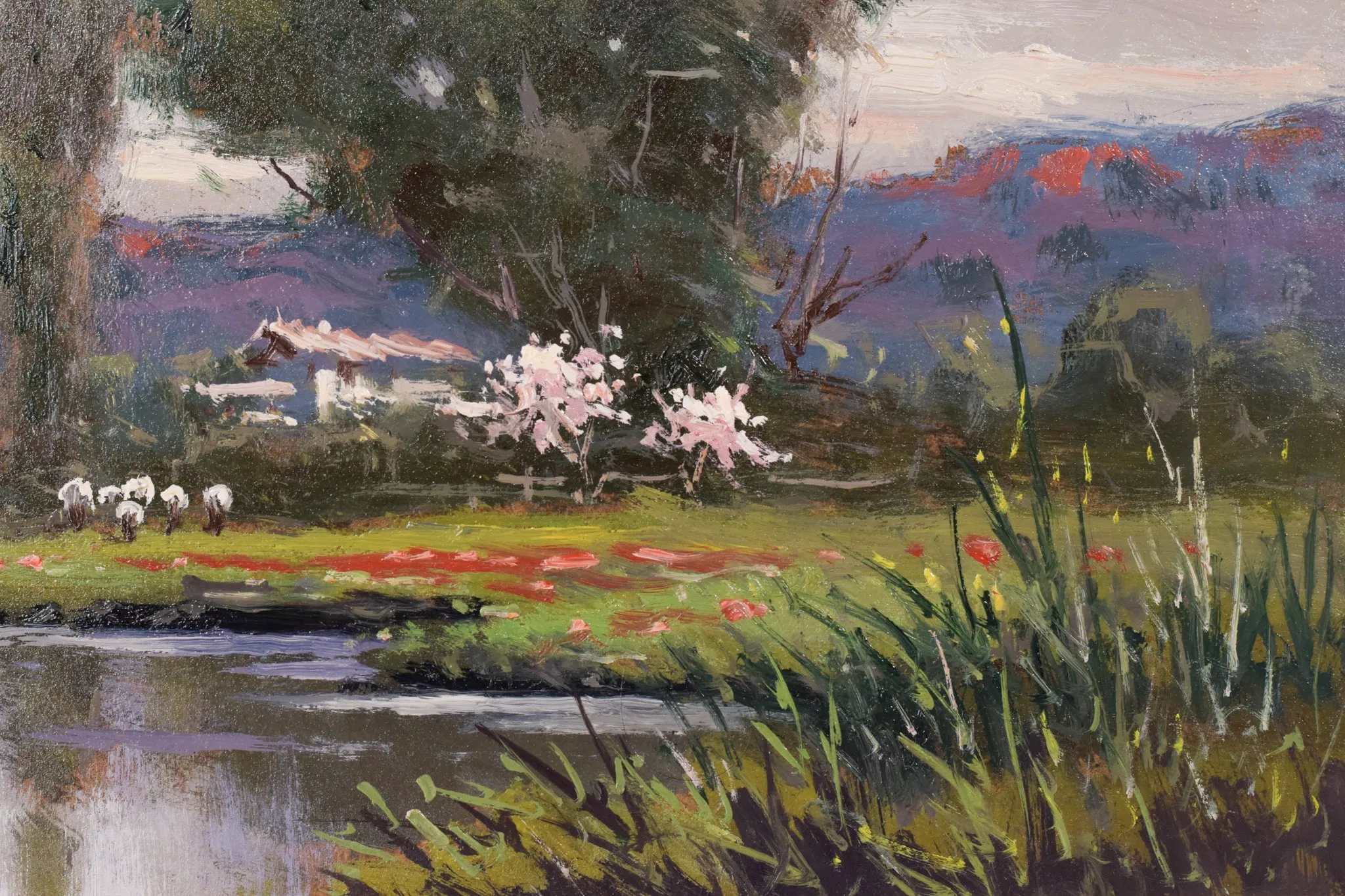 Landscape with Red Flowers - Oil on board