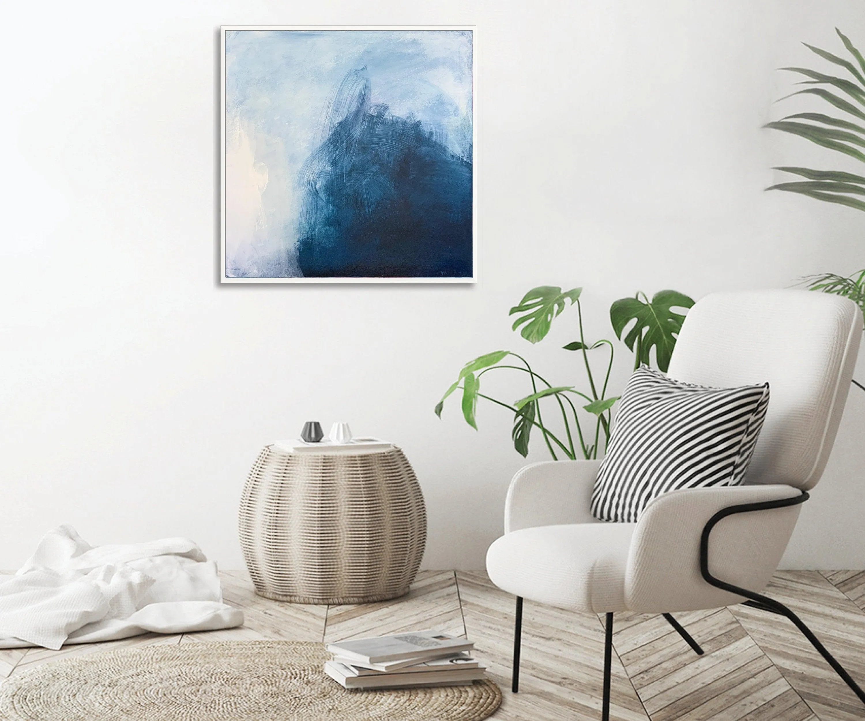 Large Blue and Grey Abstract Painting, Large Wall Art, Minimalist Art, Living Room Art, Zen Wall Art, Horizontal Wall Art