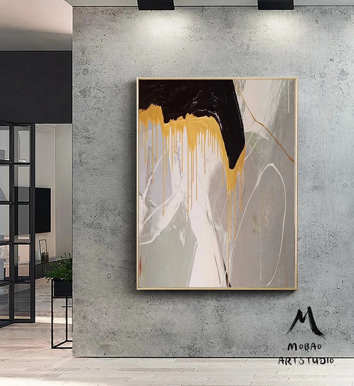 Large Gold Abstract Painting,Office Wall Art,Large Gray Textured Art Bg013