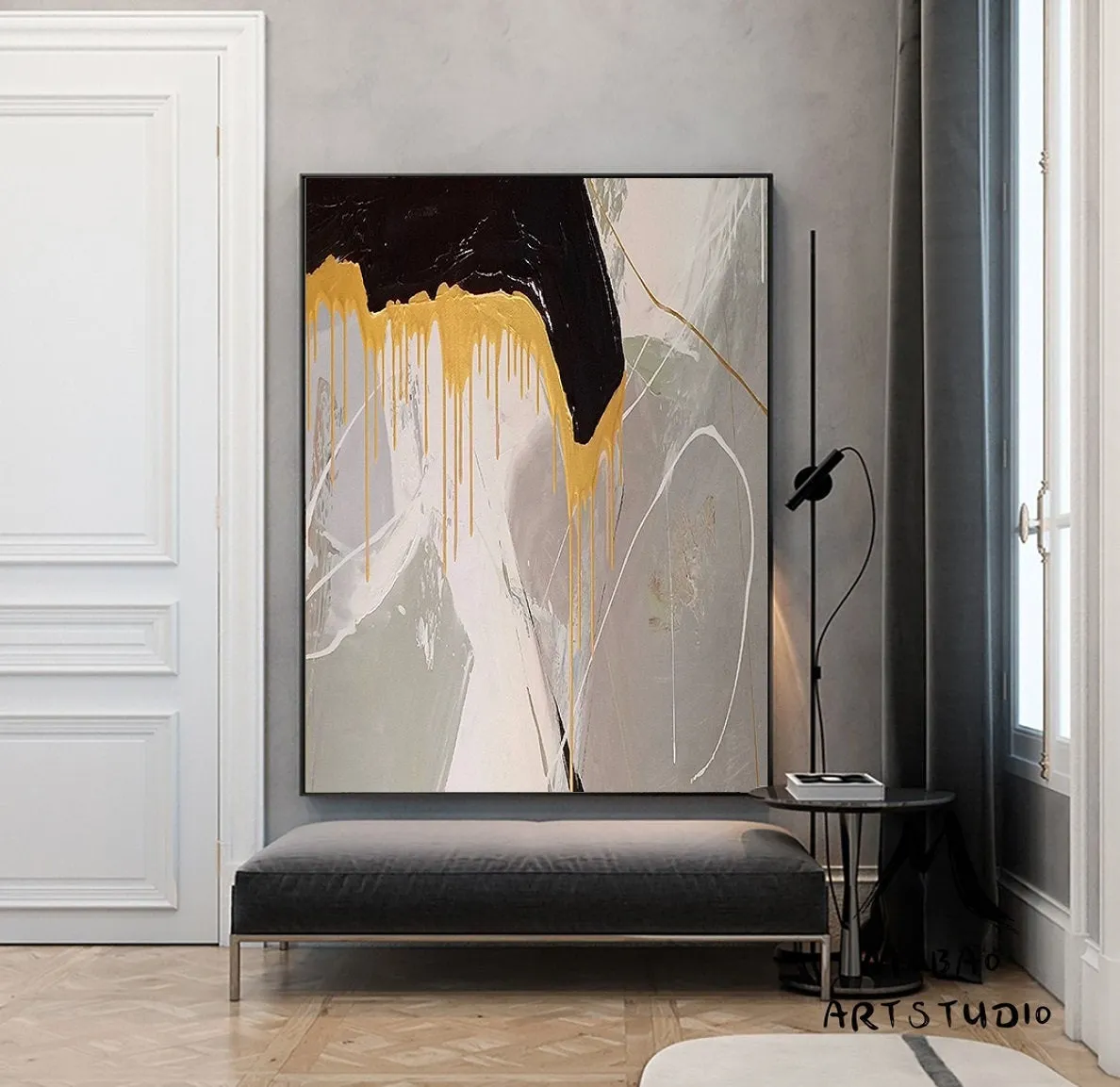 Large Gold Abstract Painting,Office Wall Art,Large Gray Textured Art Bg013