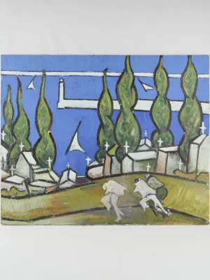 Large painting of The Fisherman's Cemetery in Sète - Joseph Franceli (1938-2020) 32" x 39½"