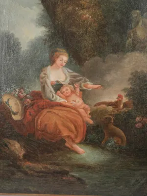 Late 18th Century Oil On Canvas Painting – Pastoral Maternity Scene 32"