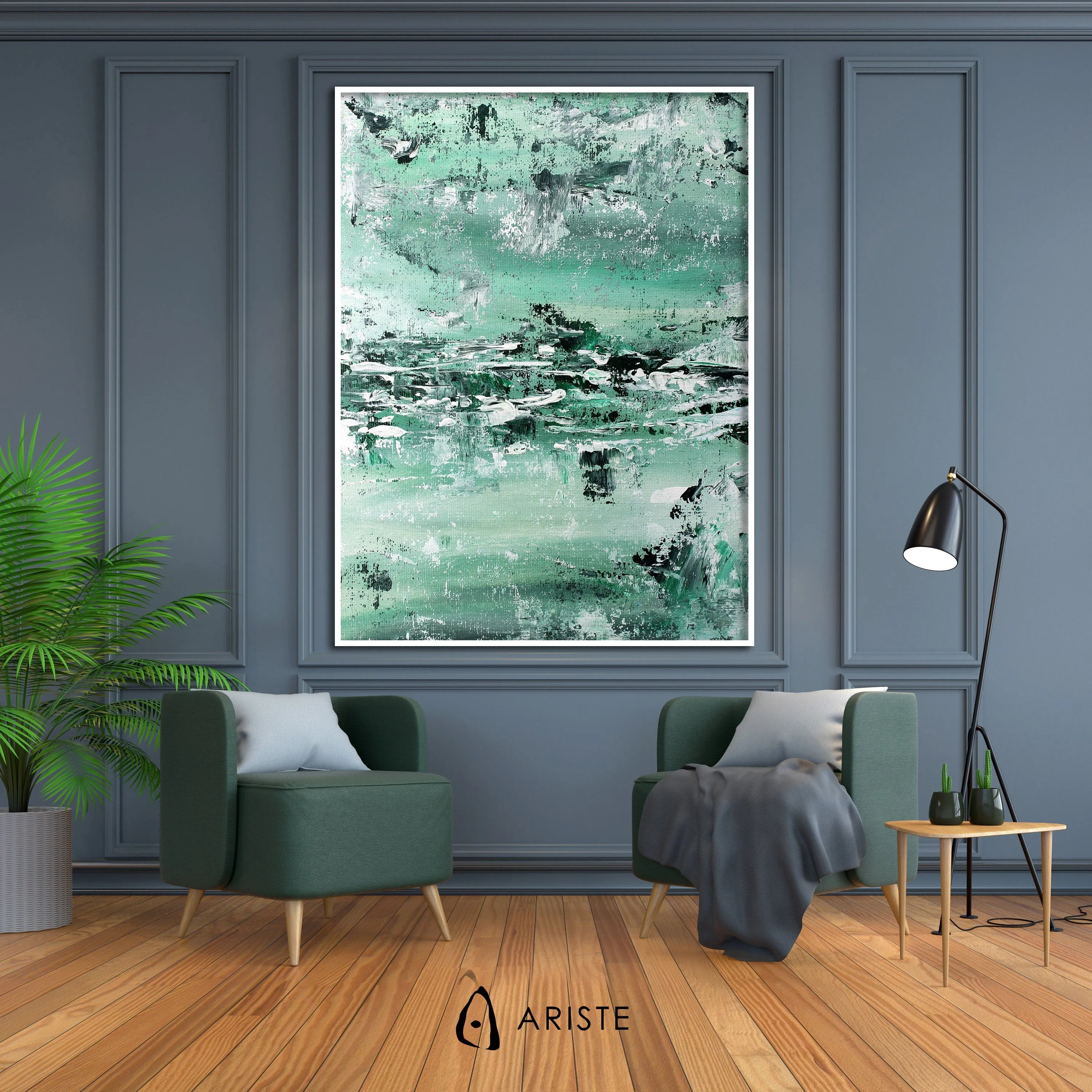 Mint green & white abstract oversized wall art made to order in a custom size