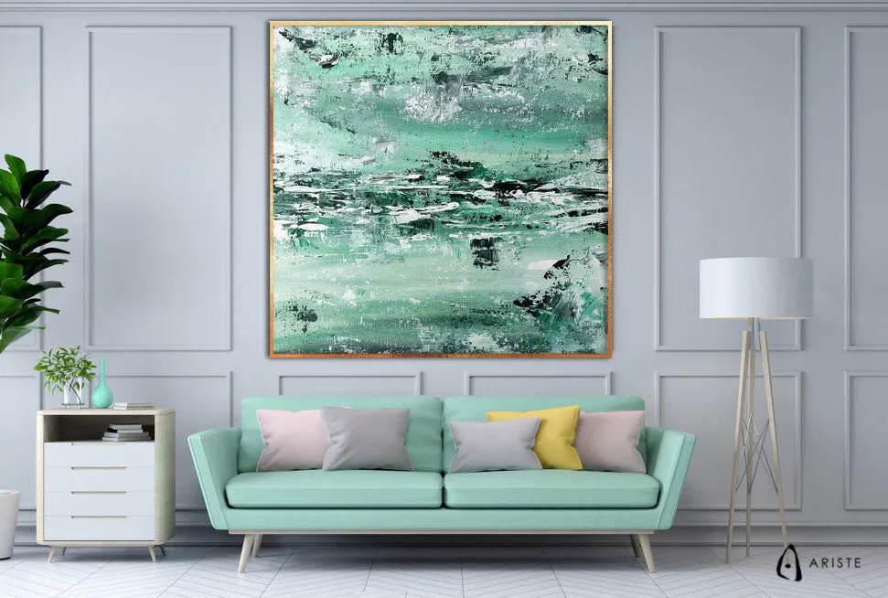 Mint green & white abstract oversized wall art made to order in a custom size